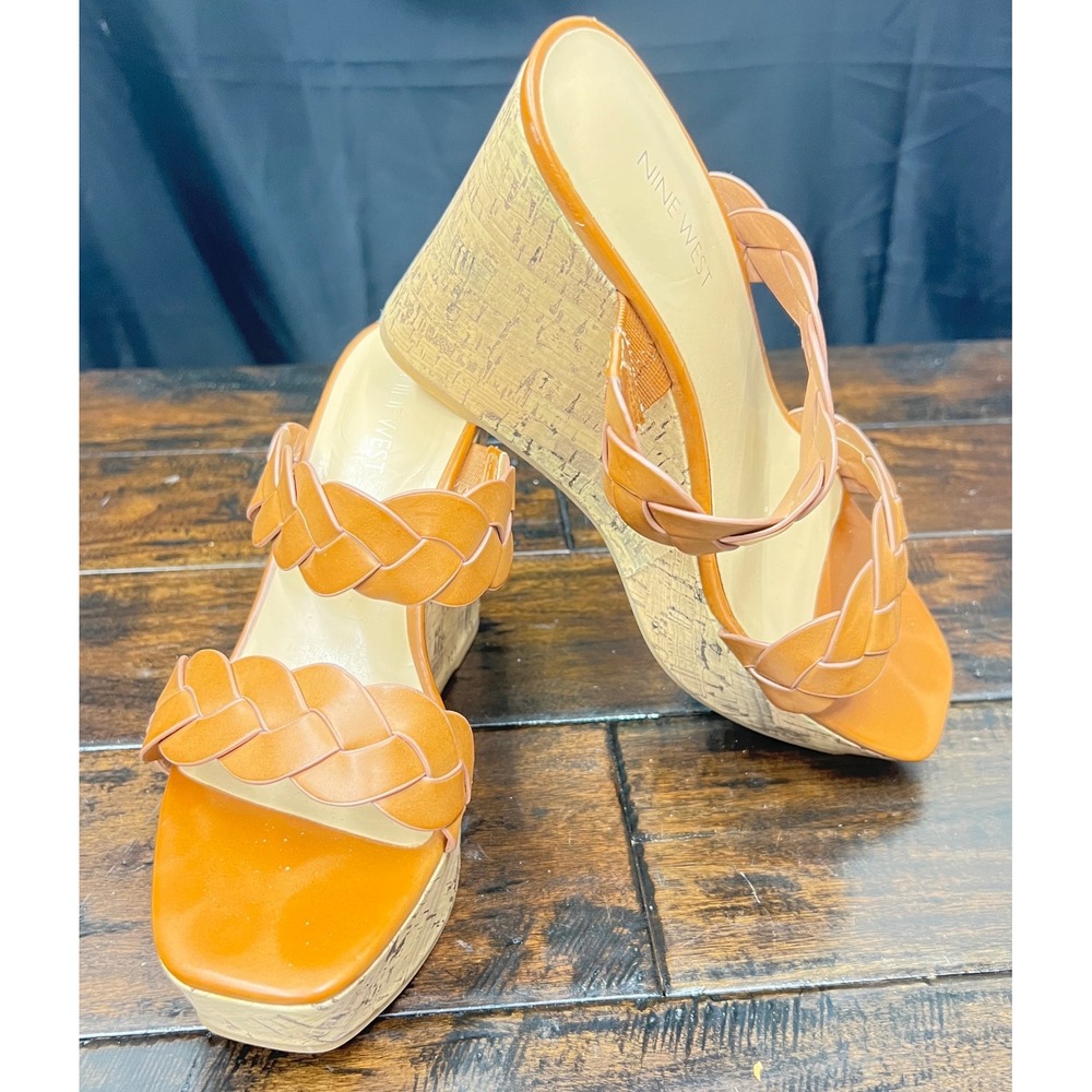 Nine West Kandice Wedge Sandals Womens 9M Cognac Brown Excellent Braided Cork